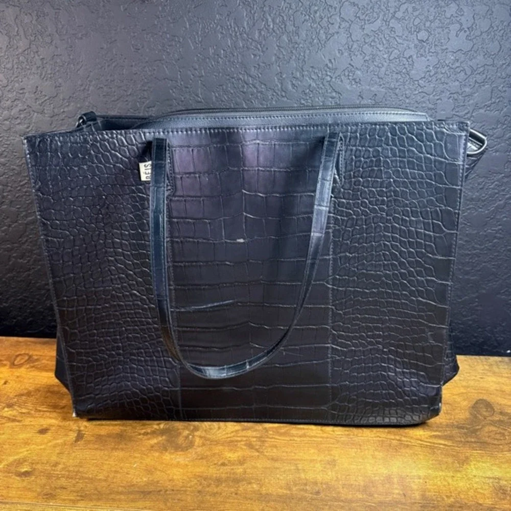 BEIS The Work‎ Tote Black Croco Embossed Vegan Leather Laptop Bag Womens Large